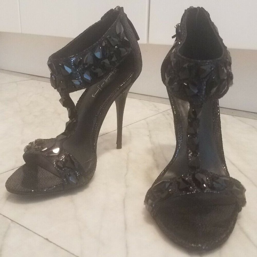 Elizabeth and James jeweled leather black stiletto Sandals Heels 7B (like 7.5)